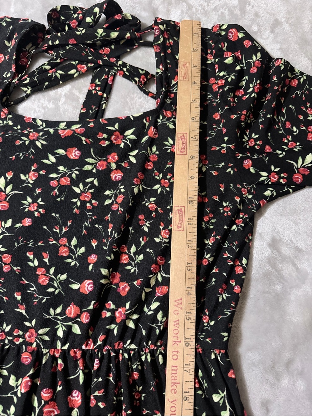 Black Floral Midi Dress with Crisscross Back, Elastic on waist. Size L - Picture 9 of 13